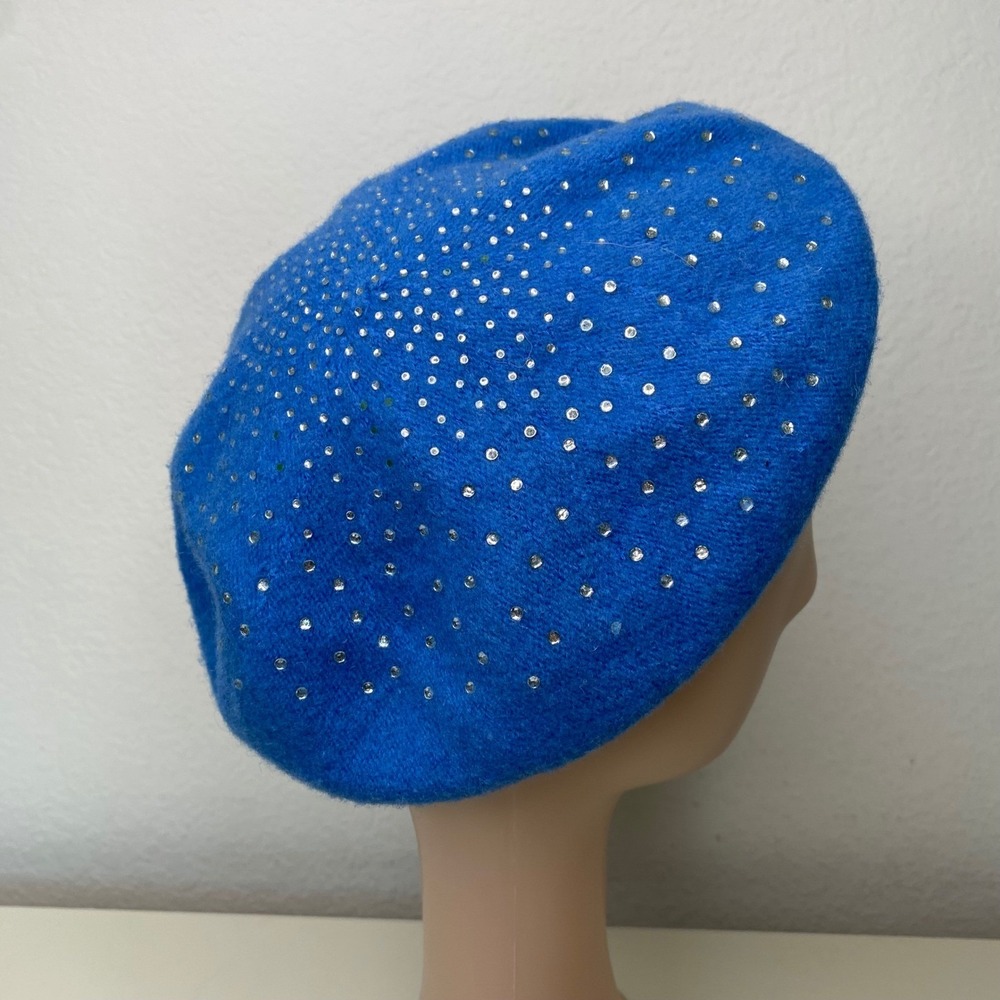 The Flopada Beret Blue 100% Wool Rhinestone Embellished Hat Czech Republic